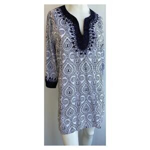 Roller Rabbit Cover-Up Tunic Dress Navy Gold Embroidery Print Blue sz M